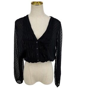 Abercrombie & Fitch Crop Top Womens S Black Sheer Smocked Long Sleeve Clip Dot